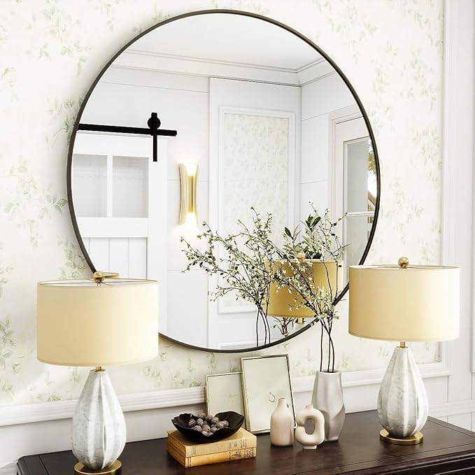 Black Round Bathroom Mirror, 24 inch Circle Wall Mounted Hanging Mirror - Image 7