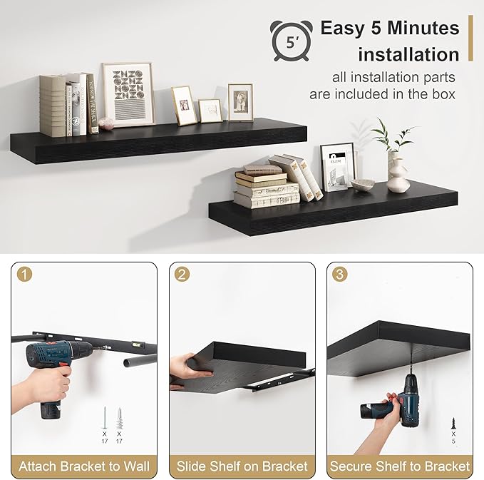 12" Deep Black Floating Shelves, Over Toilet Long Wall Mounted Modern Farmhouse - Image 6