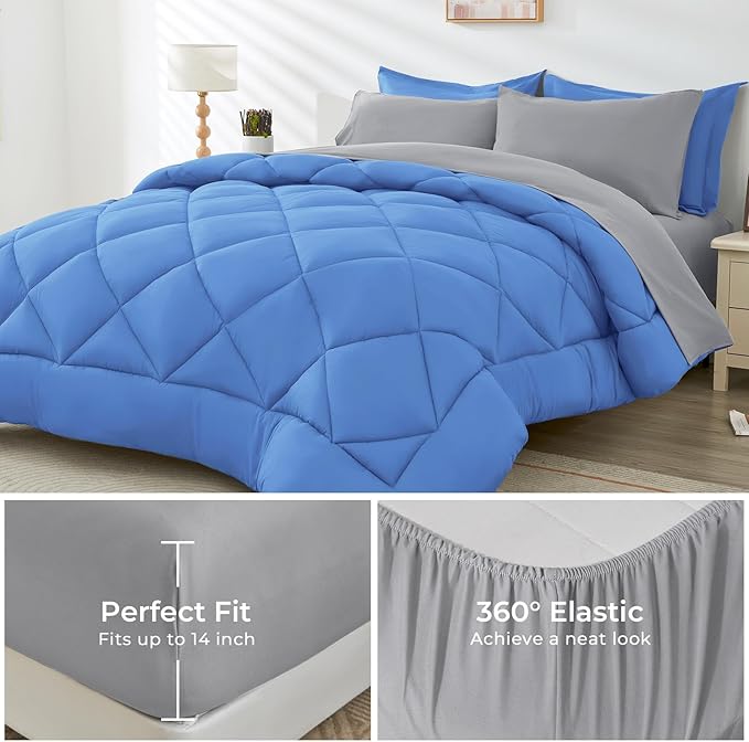 HEVUMYI Royal Blue & Light Grey King Comforter Set - Image 4