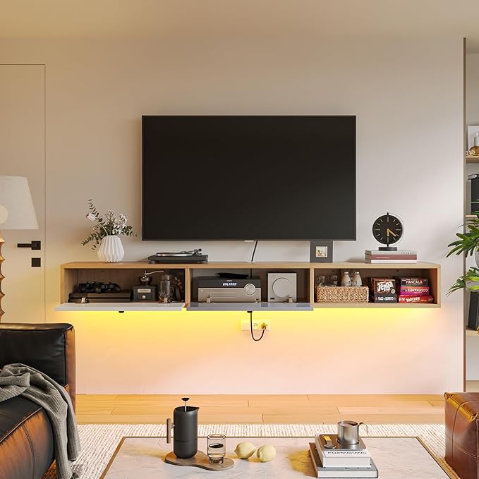Modern Floating TV Stand with Doors, 70 Inch Wall Mounted TV Console, Floating - Image 4