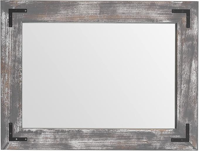 YOSHOOT Rustic Wooden Framed Wall Mirror, Natural Wood Bathroom Vanity Mirror - Image 2