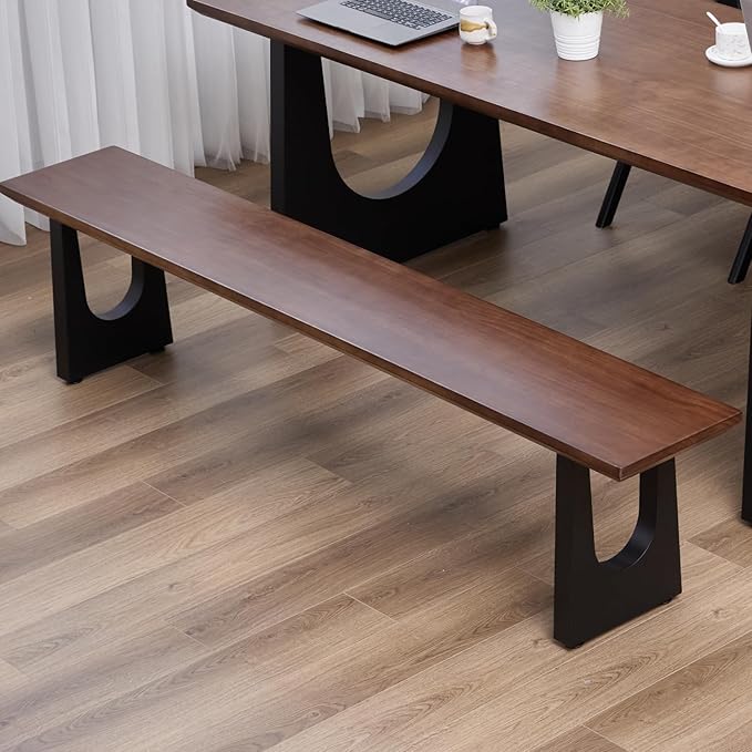Walnut Color Long Bench Solid Wood Top Metal Legs U-Shaped Design Durable - Image 9