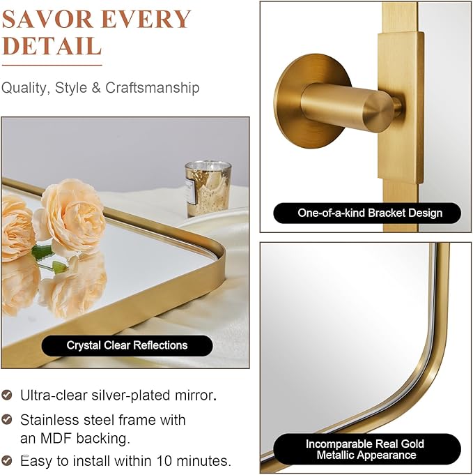 MOON MIRROR 30" x 22" Brushed Gold Rectangle Bathroom Mirror, Tilting Rounded - Image 7