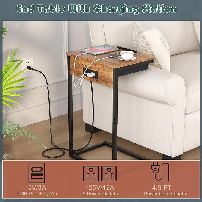 C Shaped End Table with Charging Station, 45° Tiltable Adjustable Flip Top - Image 5