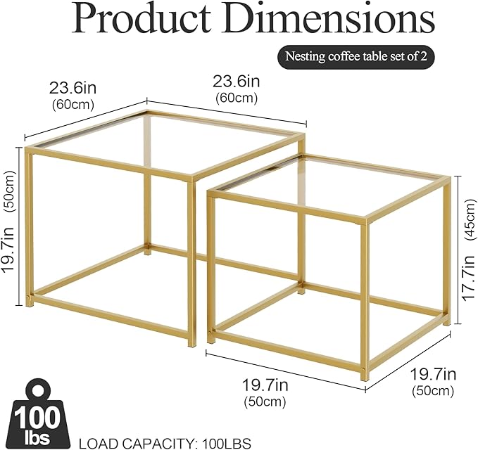 Garden 4 you Coffee Table Set of 2, Modern Glass Nesting Table, Metal Frame - Image 2