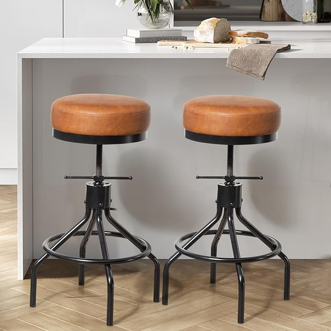 Industrial Bar Stools Adjustable Swivel Round Barstools Modern PU Leather - Image 7
