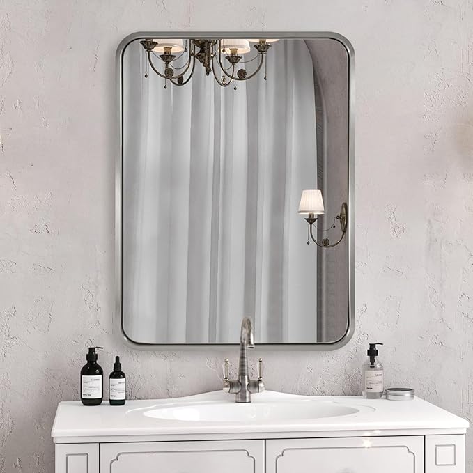 ANDY STAR 28x36 INCH Brushed Nickel Mirror, Rounded Rectangle Brushed Silver by ANDYSTAR