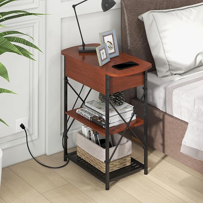Narrow Side Table with Charging Station, End Tables Set of 2 - Image 2