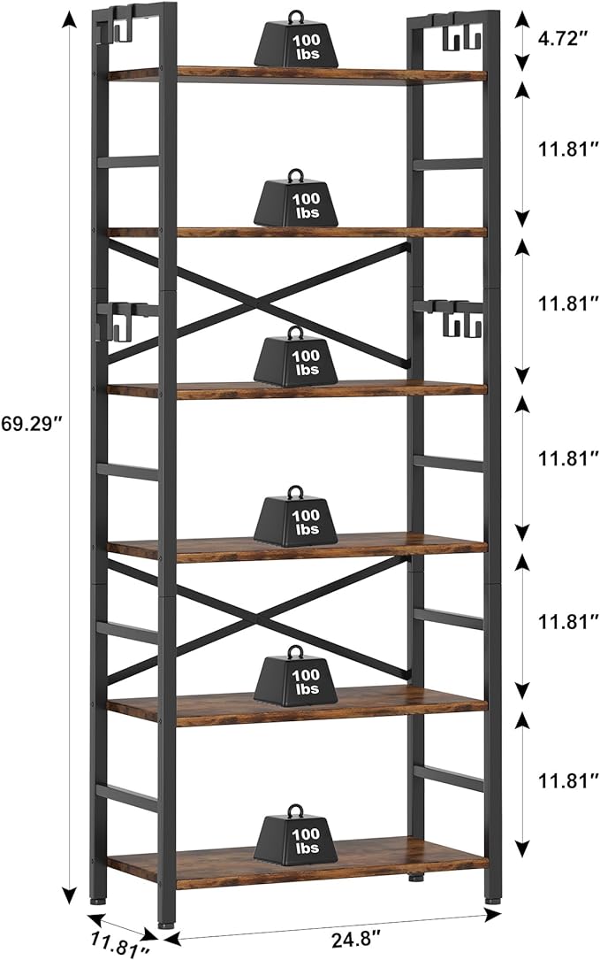 6 Tier Bookshelf, Industrial Bookcase - Image 3