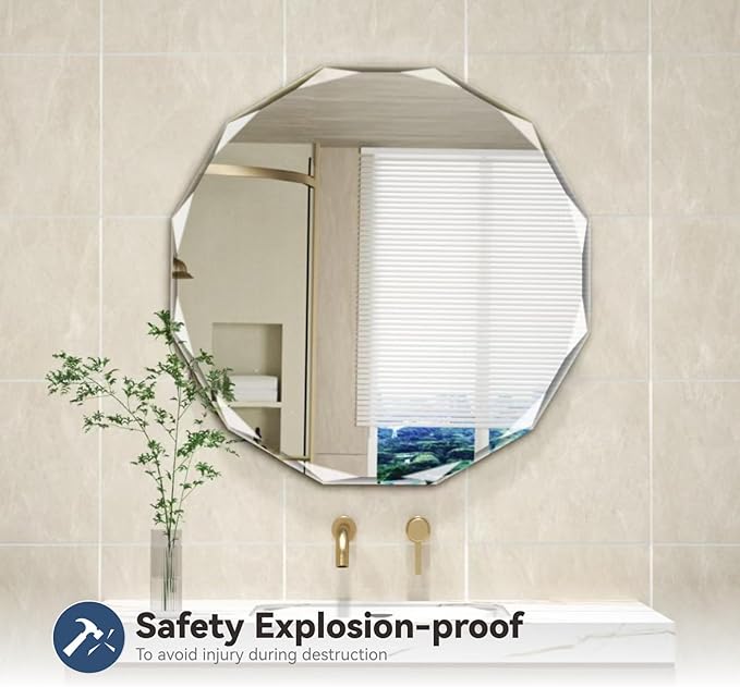 Single Beveled Edge Circle Mirror Frameless Wall Mount Bathroom Vanity Mirror - Image 2