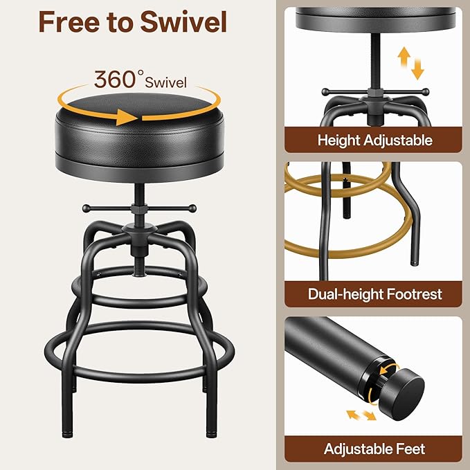 Adjustable Height Swivel Bar Stool, 22-29 Inch Industrial Vintage Bar Counter - Image 5