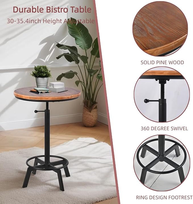 Farmhouse Bar Table 30-35.4inch Height Adjustable Rustic Bistro Pub Table - Image 4