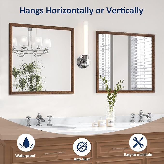 WEER Walnut Bathroom Mirror, Walnut Framed Mirror 40X36 Inch, Rectangle Wall - Image 4