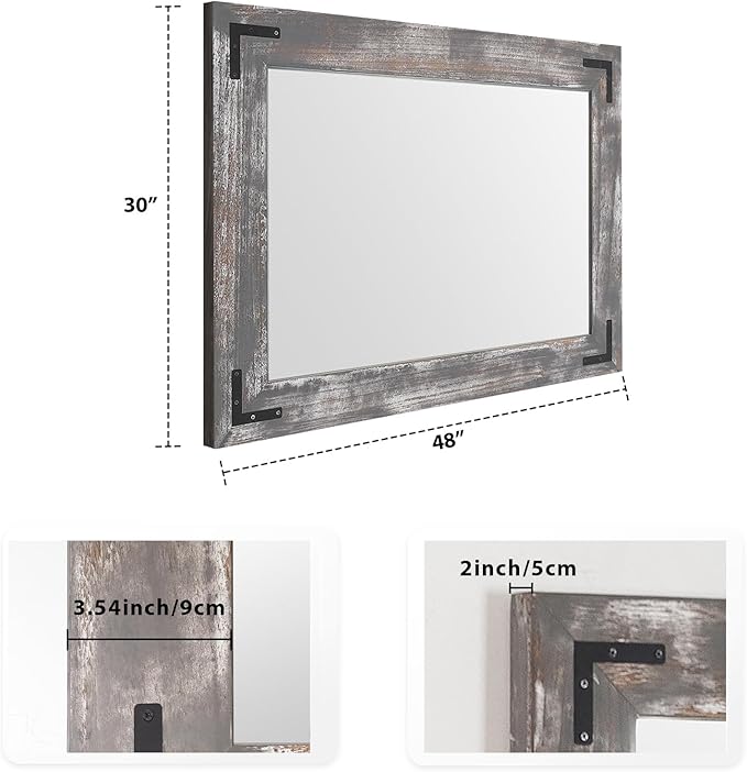 YOSHOOT Rustic Wooden Framed Wall Mirror, Natural Wood Bathroom Vanity Mirror - Image 3