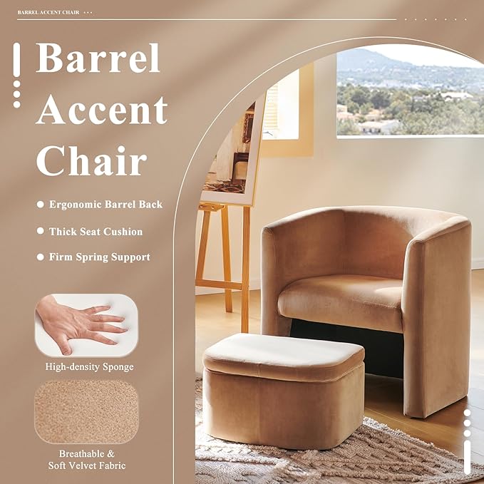 COLAMY Upholstered Velvet Barrel Accent Chair - Image 4