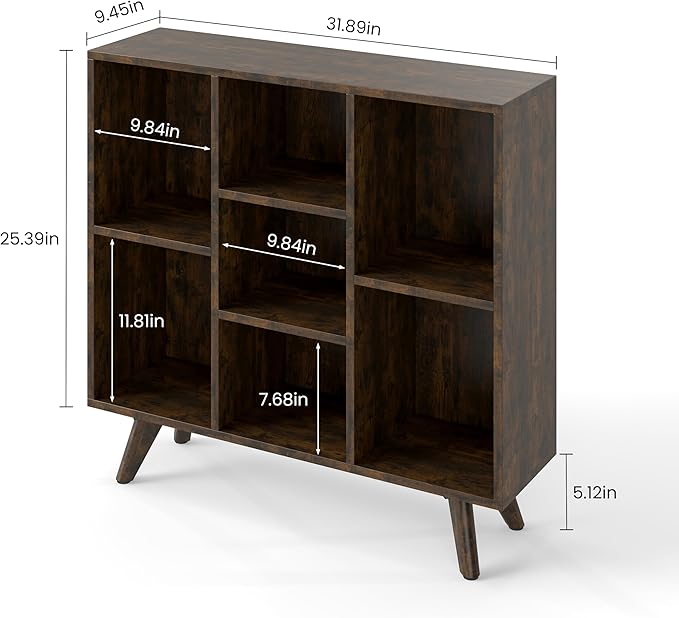Manora Rustic Brown 7 Cube Mid Century Modern Bookshelf, Wooden Storage - Image 3