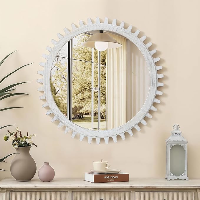 ULIKE Round Wood Mirror, 24 Inch Rustic Farmhouse Circle Mirror - Image 4