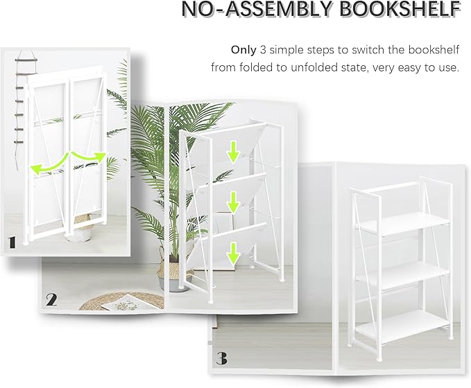 4NM No-Assembly Folding Bookshelf Storage Shelves 3 Tiers Vintage Bookcase - Image 6