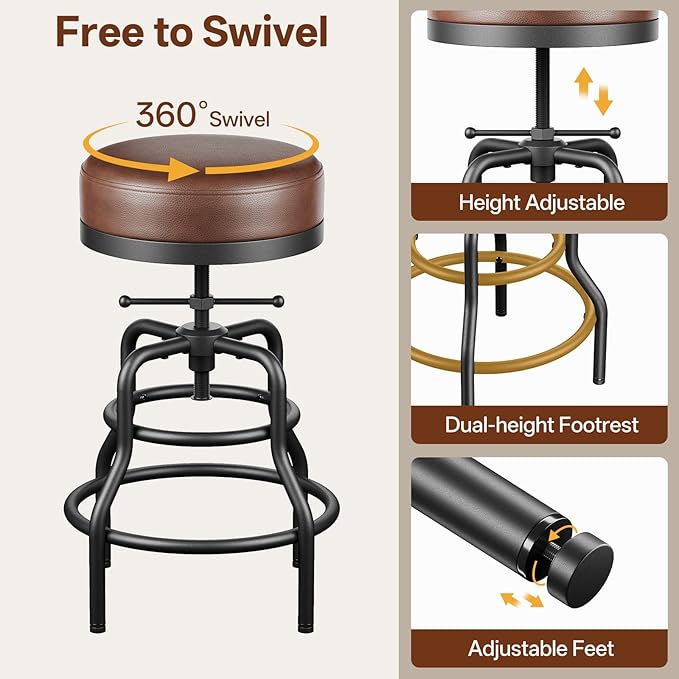 Adjustable Height Swivel Bar Stools Set of 3, 22-29 Inch Industrial Vintage Bar - Image 4