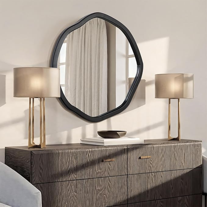ULIKE Round Wood Mirror, 30 Inch Black Asymmetrical Circle Vanity Mirror - Image 2