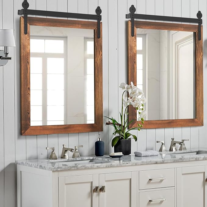 YOSHOOT Farmhouse Barn Door Mirror, Wall Mounted Vintage Mirror, Wooden - Image 5