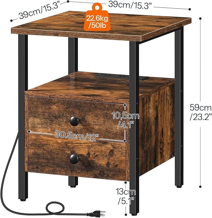HOOBRO End Table Set of 2 with Charging Station, Nightstand with 2 Drawer & USB - Image 3