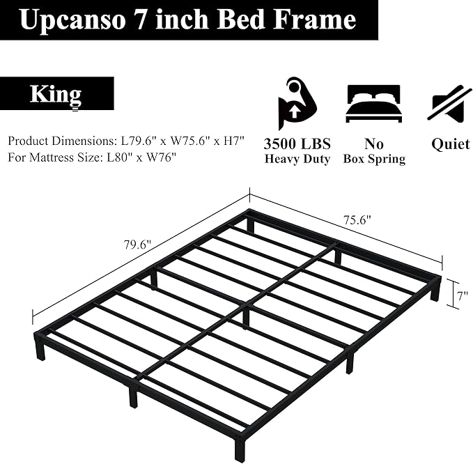 7 Inch King Bed Frame No Box Spring Need, Low Profile Metal Platform King Size - Image 3