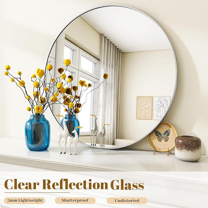 Silver Round Bathroom Mirror, 48 inch Large Circle Wall Mounted Hanging Mirror - Image 4