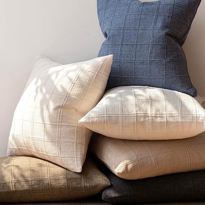Foindtower Set of 2 Decorative Linen Check Throw Pillow Covers Neutral Long - Image 7