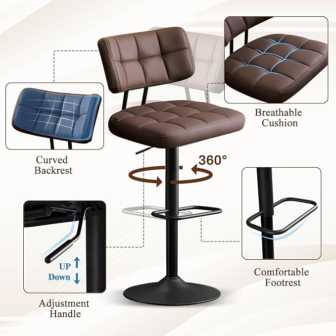 Furniliving Upholstered Bar Stools Set of 4, Faux Leather Swivel Bar Stools - Image 4