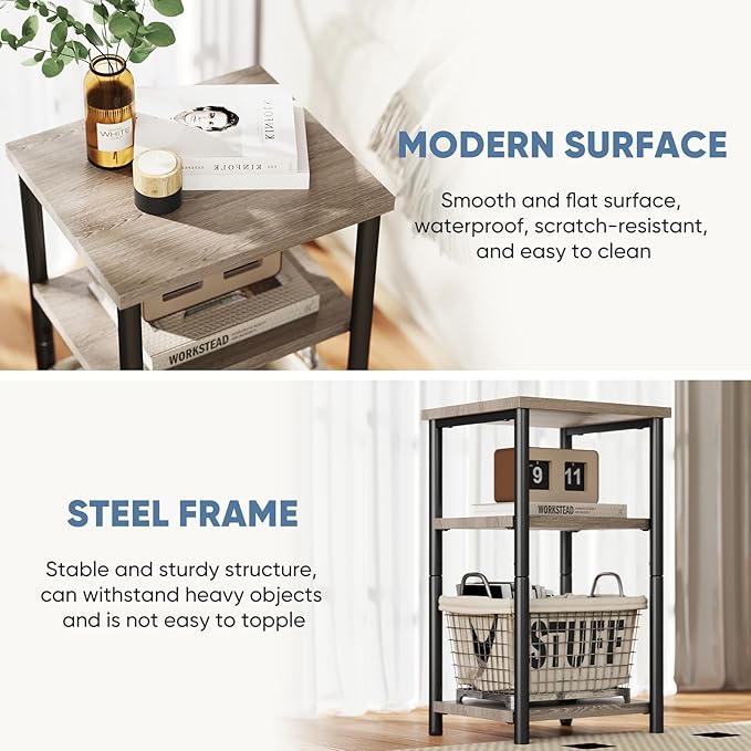 DUMOS End Table Small Side Sofa Tables 3 Tier Tall Nightstand Storage Shelf - Image 5