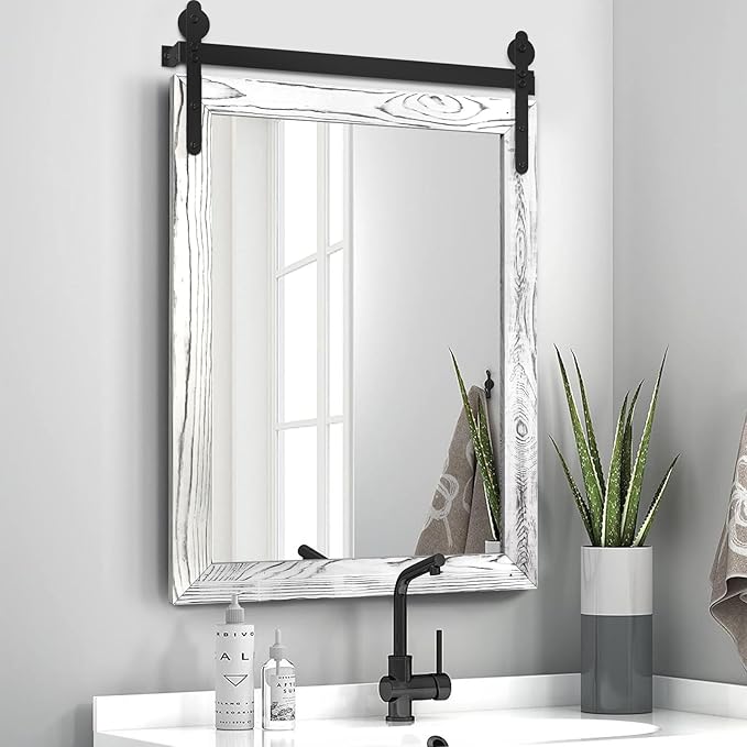 YOSHOOT Farmhouse Barn Door Mirror, Wall Mounted Vintage Mirror, Wooden - Image 4