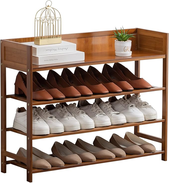 Bamboo Shoe Rack Organizer, 4 Tier Shoe Shelf Storage Organizer, by Suwoic