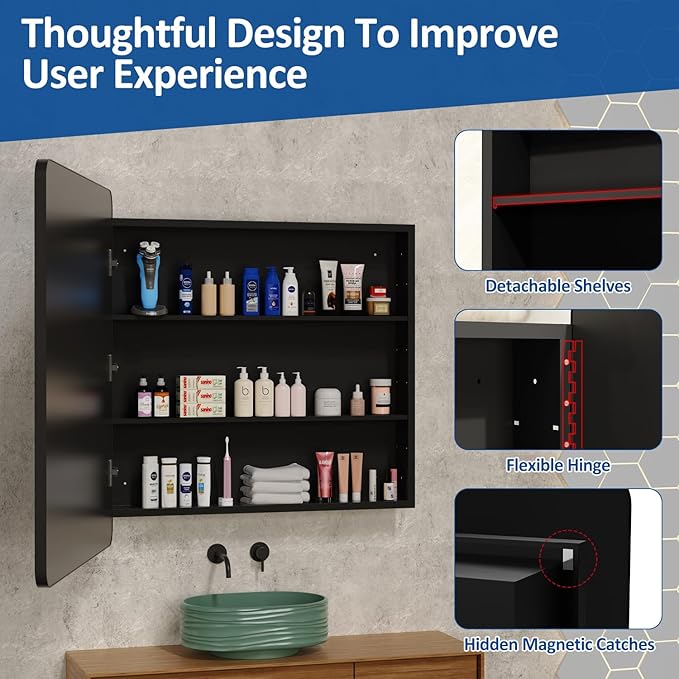 40x30 Inch Black Medicine Cabinet Mirror Metal Framed Recessed Bathroom - Image 6