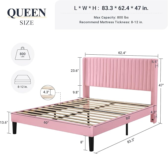 Allewie Queen Size Velvet Bed Frame/Vertical Channel Tufted Wingback - Image 2