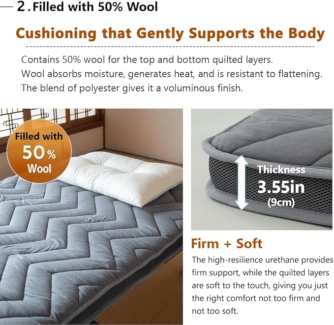EMOOR Japanese Wool-Blend Padded Futon Mattress GOMA King Dark Gray, Gusset - Image 4