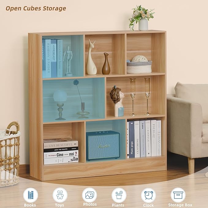 LEYAOYAO 8 Cube Bookshelf with Base, 3 Tier Mid-Century Modern Natural Bookcase - Image 3
