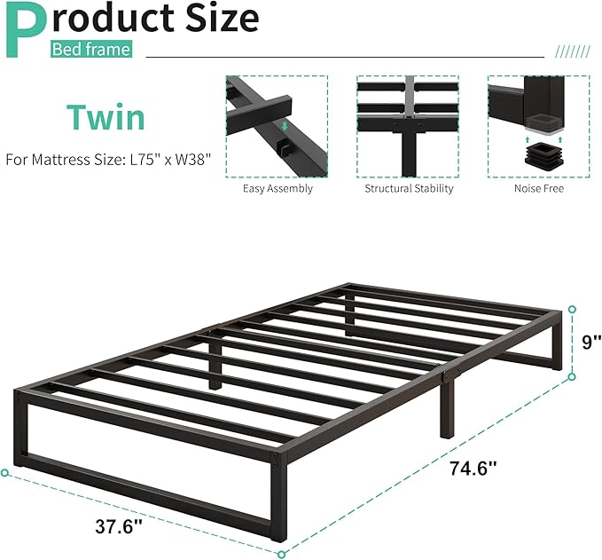 9 Inch Twin Bed Frames Heavy Duty Metal Twin Platform Bed Frame No Box Spring - Image 2