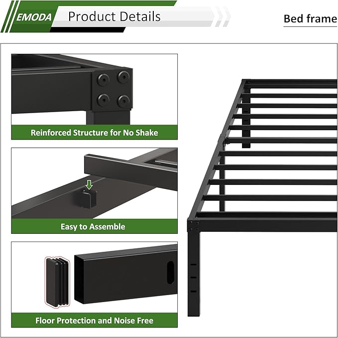 EMODA 14 Inch Full Size Bed Frame Heavy Duty Metal Platform No Box Spring Needed - Image 5