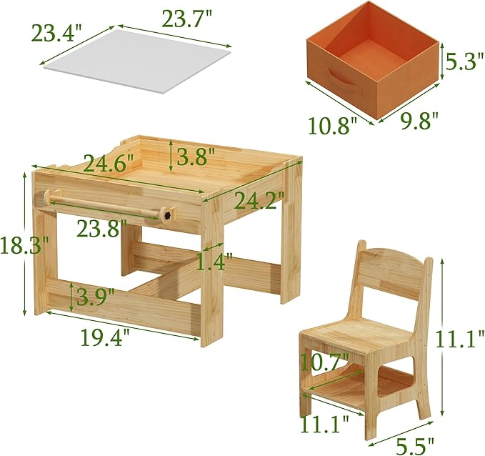 Pinewood Kids Table and Chair Set, 3 in 1 Toddlers Wooden Art Activity Table - Image 4
