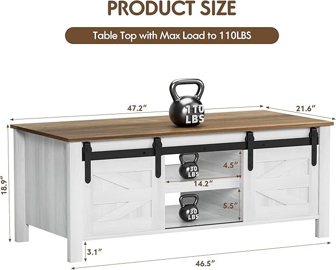 YESHOMY Coffee Table with Sliding Barn Doors & Storage, Wooden Center - Image 2
