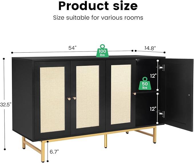 Sideboard Buffets Cabinet with 4 Rattan Doors, Large Storage Accent Cabinet - Image 3