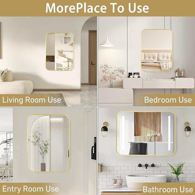 24x36 Inch Bathroom Mirror for Wall, Matte Gold Framed Rectangle Mirror - Image 7