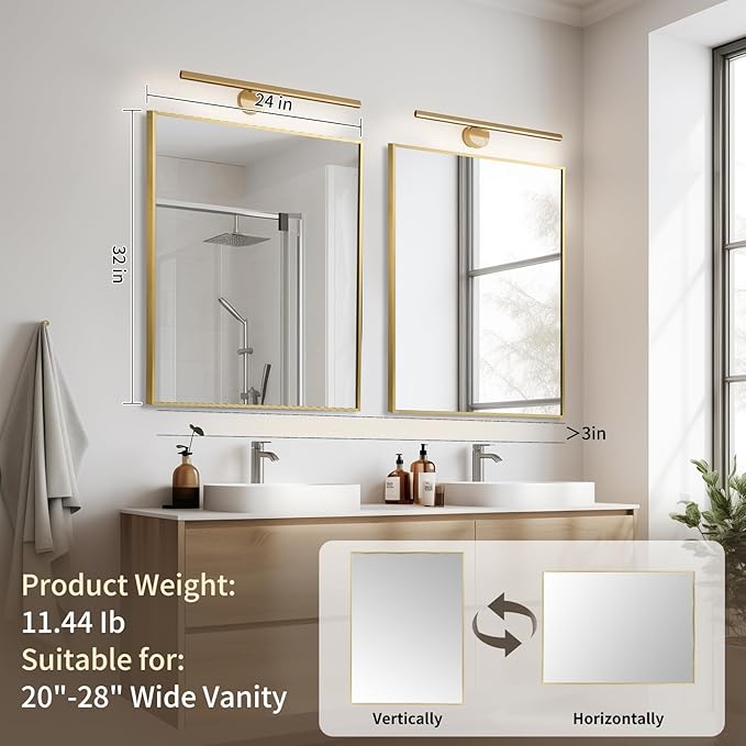Brushed Gold Mirror, 24x32 Inch Aluminum Framed Rectangle Mirror, Tempered Glass - Image 7