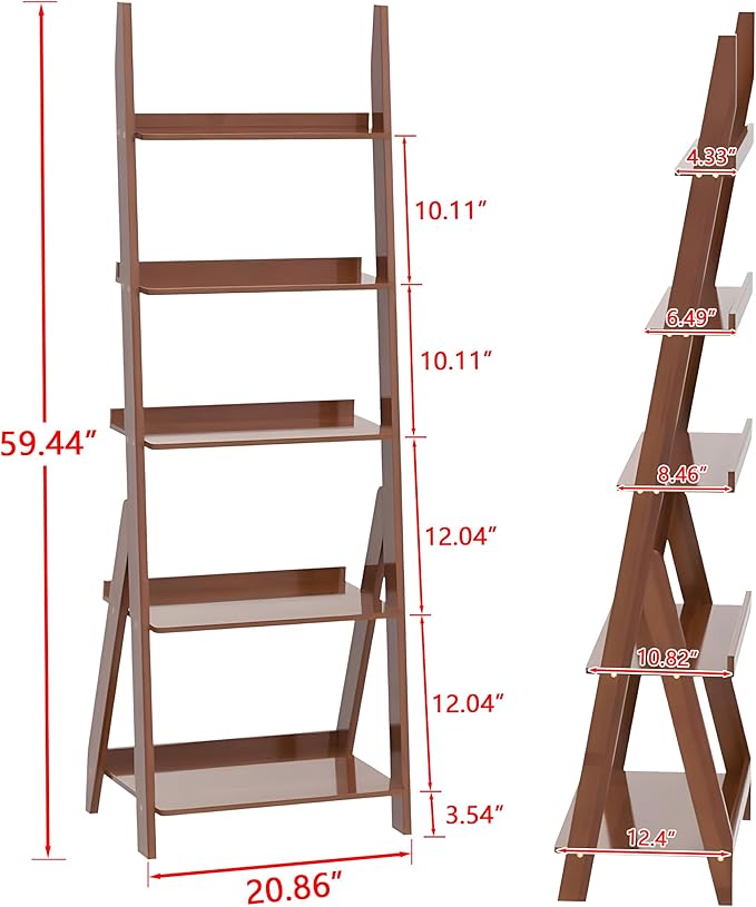 Maydear Bamboo Ladder Shelf Bookcase, 5-Tier Leaning Bookshelf Free Standing - Image 2
