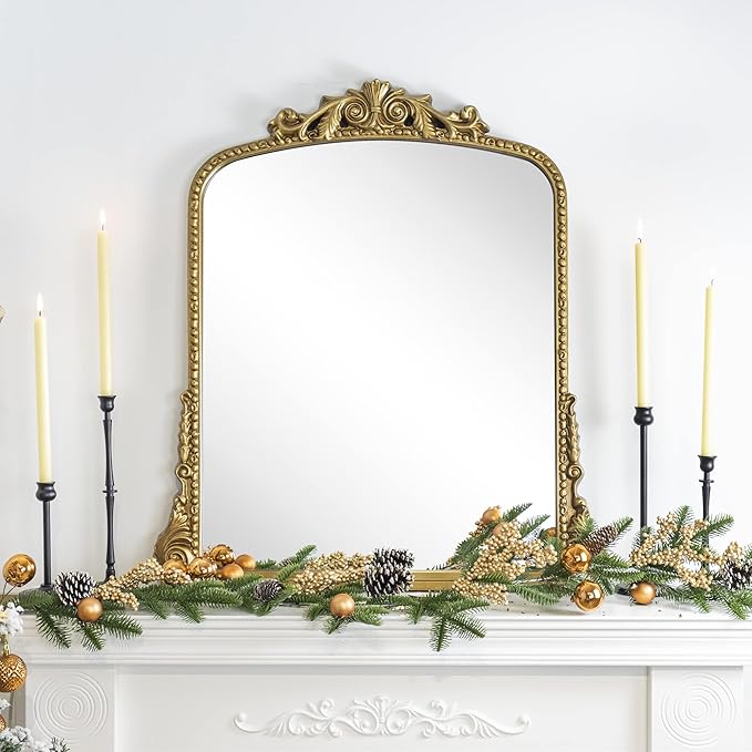 Antiqued Gold Ornate Mirror Arched Mantel Wall Mirror Baroque Inspired Bathroom - Image 3