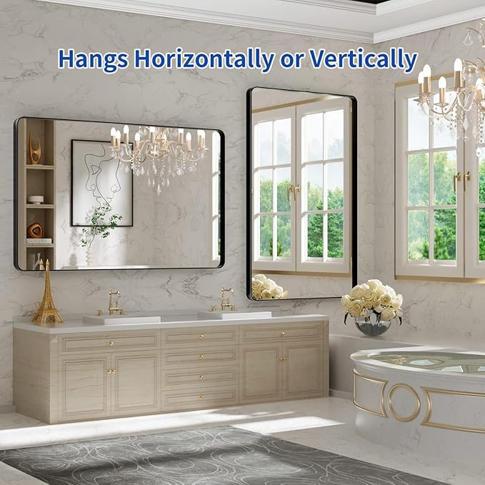 WEER Black Bathroom Mirror, 48X30 Inch Rectangular Matte Black Metal Framed - Image 5