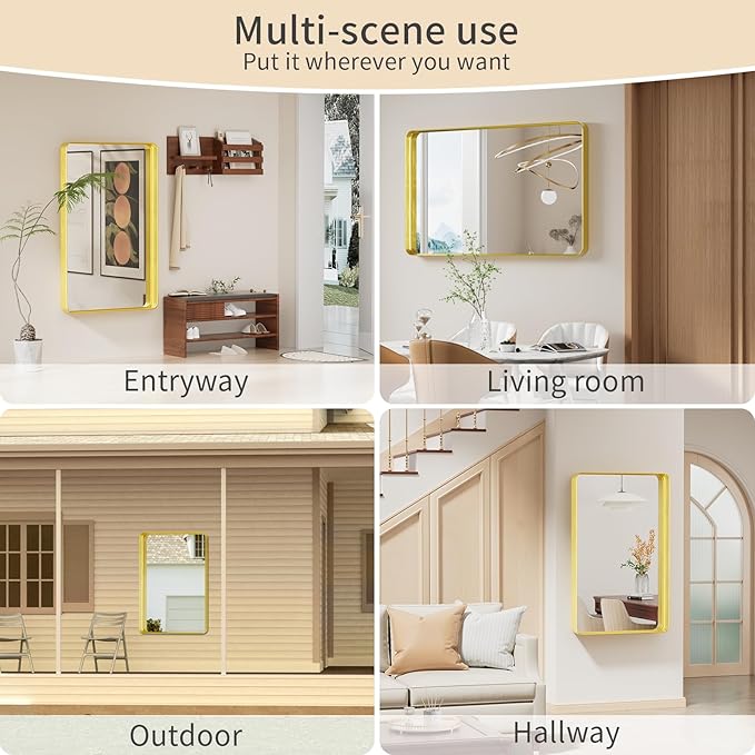 Koonmi Gold Wall Mirror for Bathroom, 30x48 Inch Matte Deep Framed Rounded - Image 8