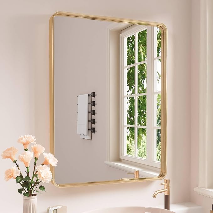 Gold Bathroom Mirror, 20x30 Inch Brushed Gold Metal Frame Mirror by JISOSO