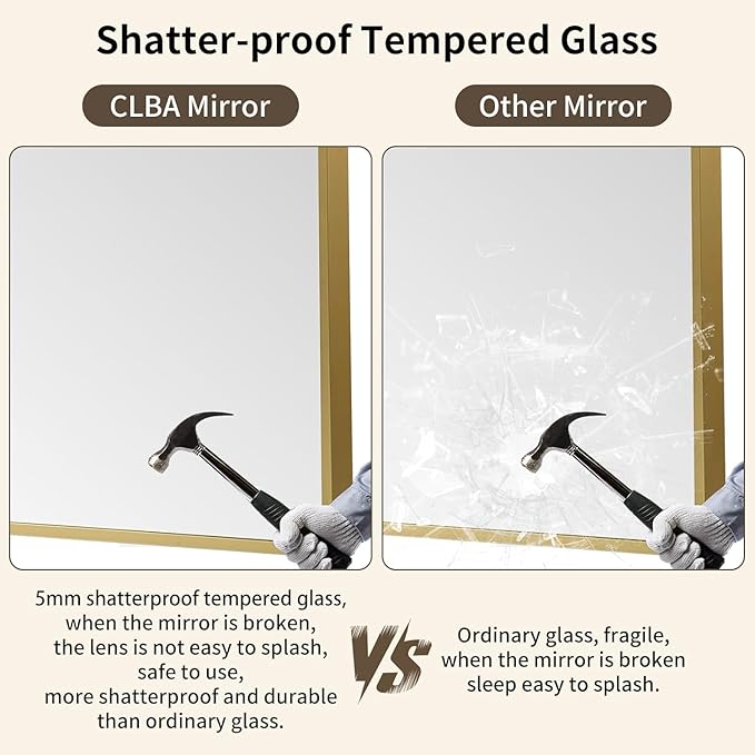 Brushed Gold Mirror, 22x30 Inch Aluminum Framed Rectangle Mirror, Tempered Glass - Image 4